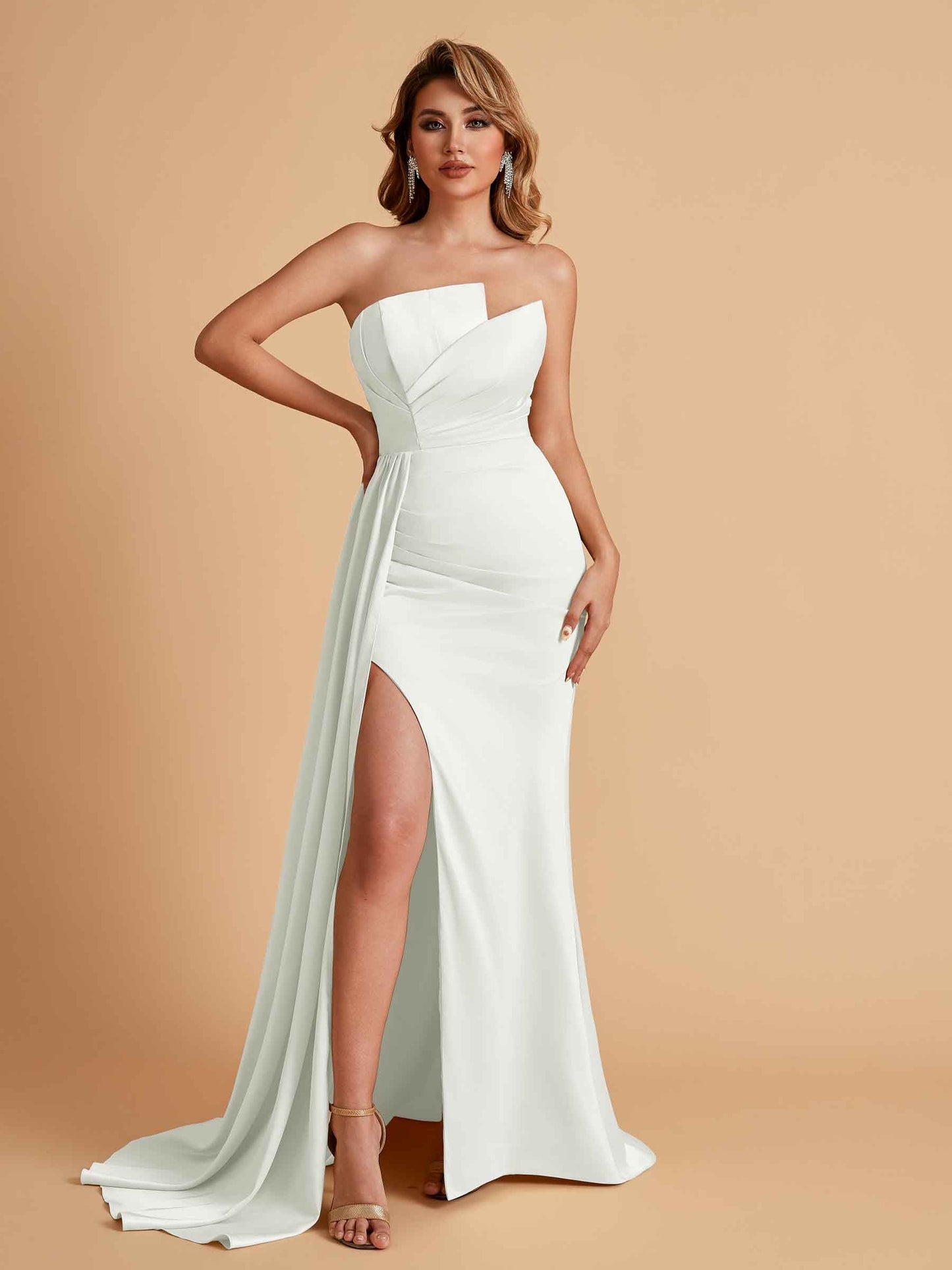 Elegant Satin Sleeveless Asymmetrical Mermaid Side Slit Floor Length Bridesmaid Dresses
