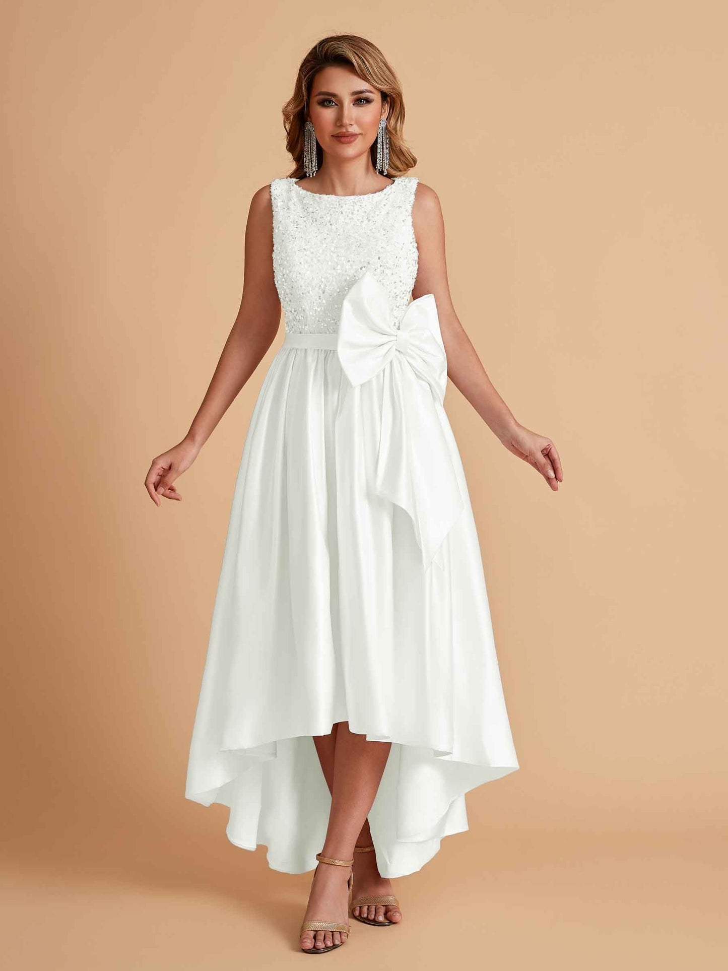 Sparkly Satin Sleeveless Pleats A-line Bridesmaid Dresses High-Low