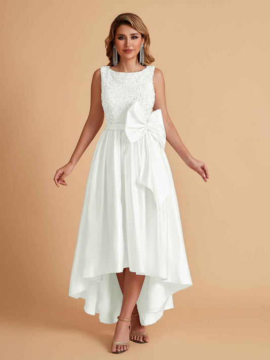 Sparkly Satin Sleeveless Pleats A-line Bridesmaid Dresses High-Low