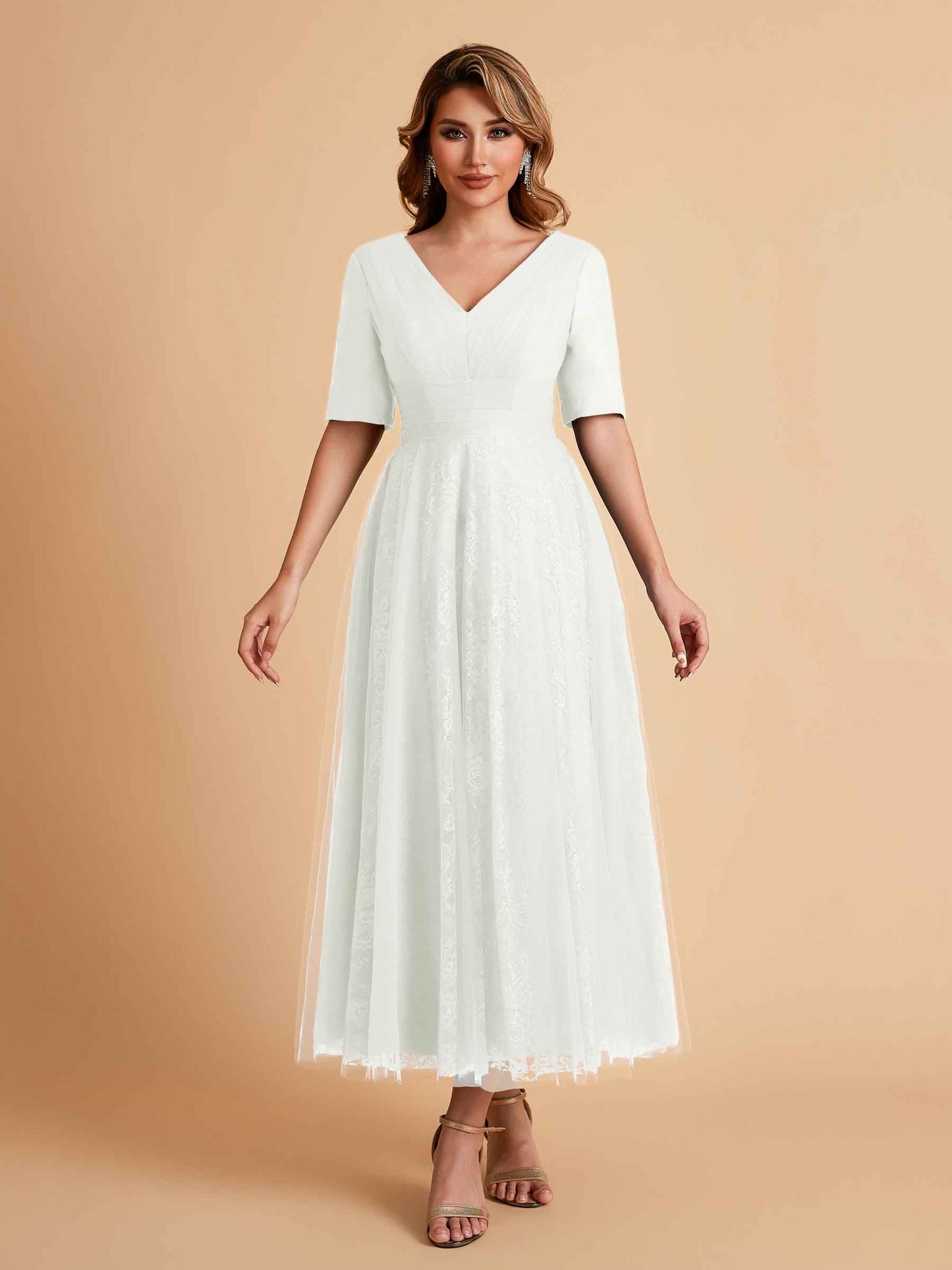 Elegant A-line Half Sleeves V-neck Mother of the Brides Dresses Online