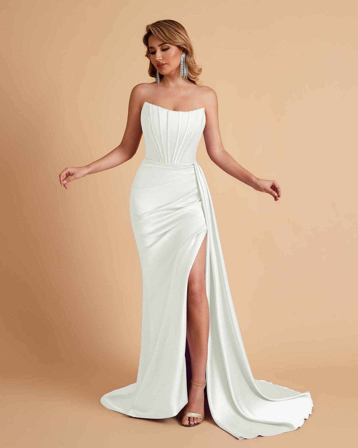 Sexy Satin Sleeveless Pleats Mermaid Bridesmaid Dresses Side Slit Floor Length