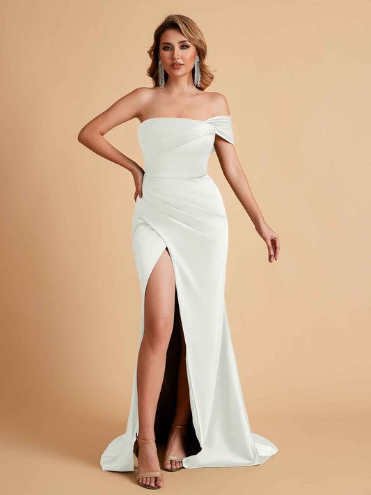 Sexy Satin One Shoulder Pleats Mermaid Bridesmaid Dresses Side Slit Floor Length