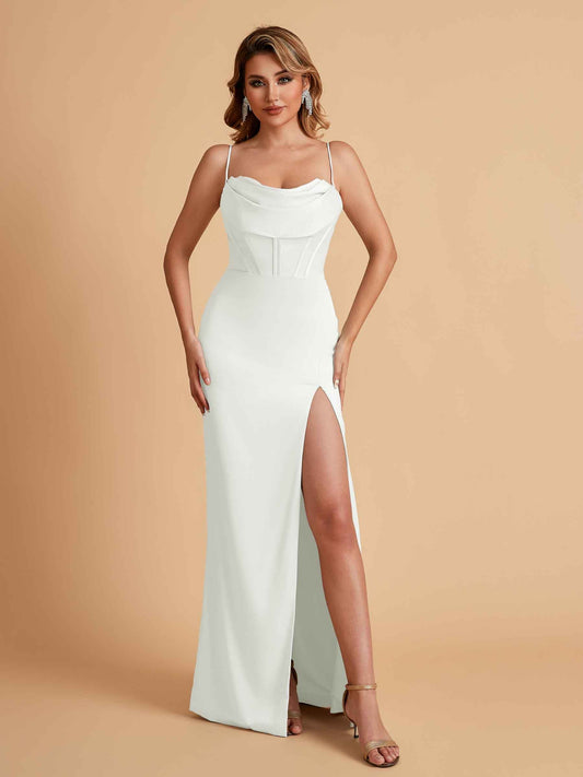 Elegant Satin Spaghetti Straps Mermaid Side Slit Floor Length Bridesmaid Dresses