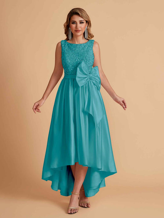 Sparkly Satin Sleeveless Pleats A-line Bridesmaid Dresses High-Low