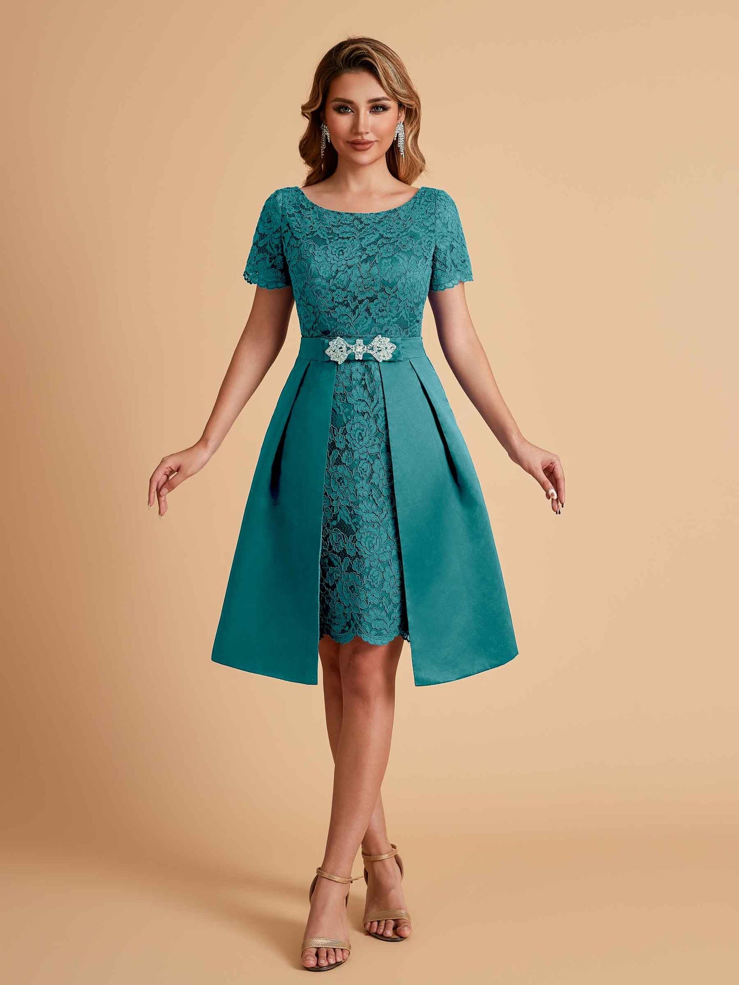 Elegant A-line Short Sleeves Jewel Knee Length Mother of the Brides Dresses