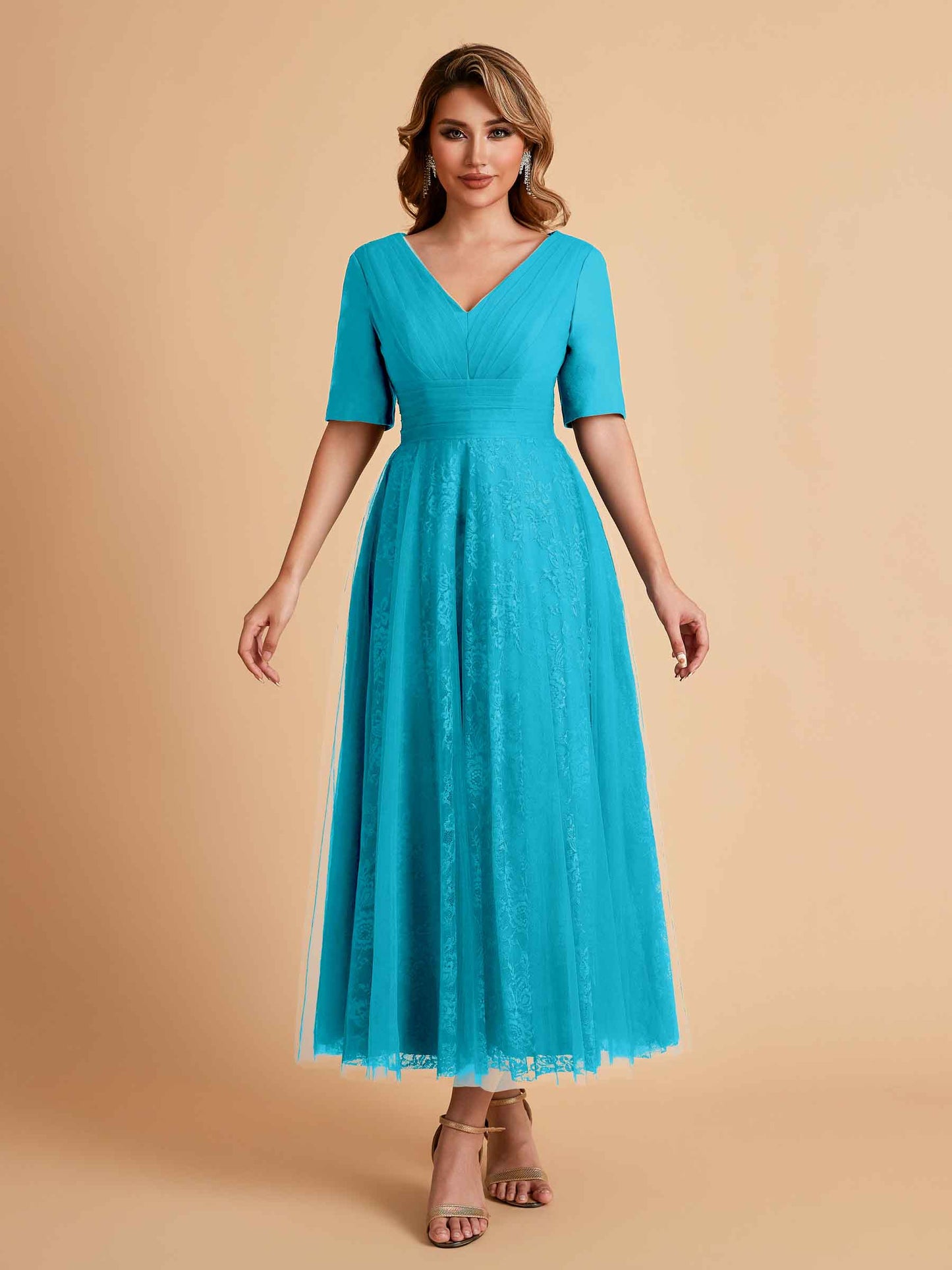 Elegant A-line Half Sleeves V-neck Mother of the Brides Dresses Online