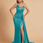 Sexy Satin Mermaid Spaghetti Straps V-neck Side Slit Long Bridesmaid Dresses