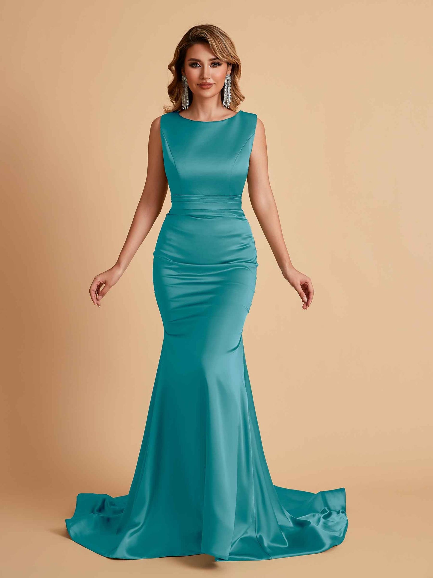 Elegant Satin Sleeveless Pleats Mermaid Bridesmaid Dresses Floor Length