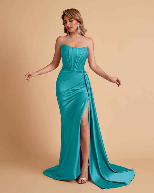 Sexy Satin Sleeveless Pleats Mermaid Bridesmaid Dresses Side Slit Floor Length