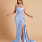 Sexy Satin Sleeveless Pleats Mermaid Bridesmaid Dresses Side Slit Floor Length