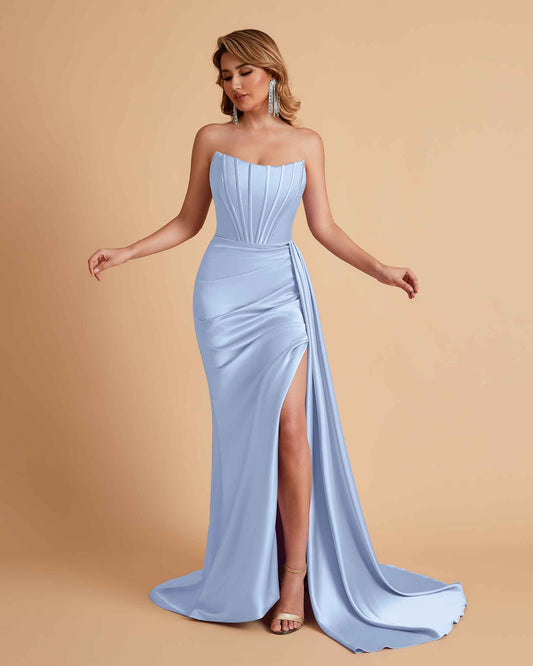 Sexy Satin Sleeveless Pleats Mermaid Bridesmaid Dresses Side Slit Floor Length