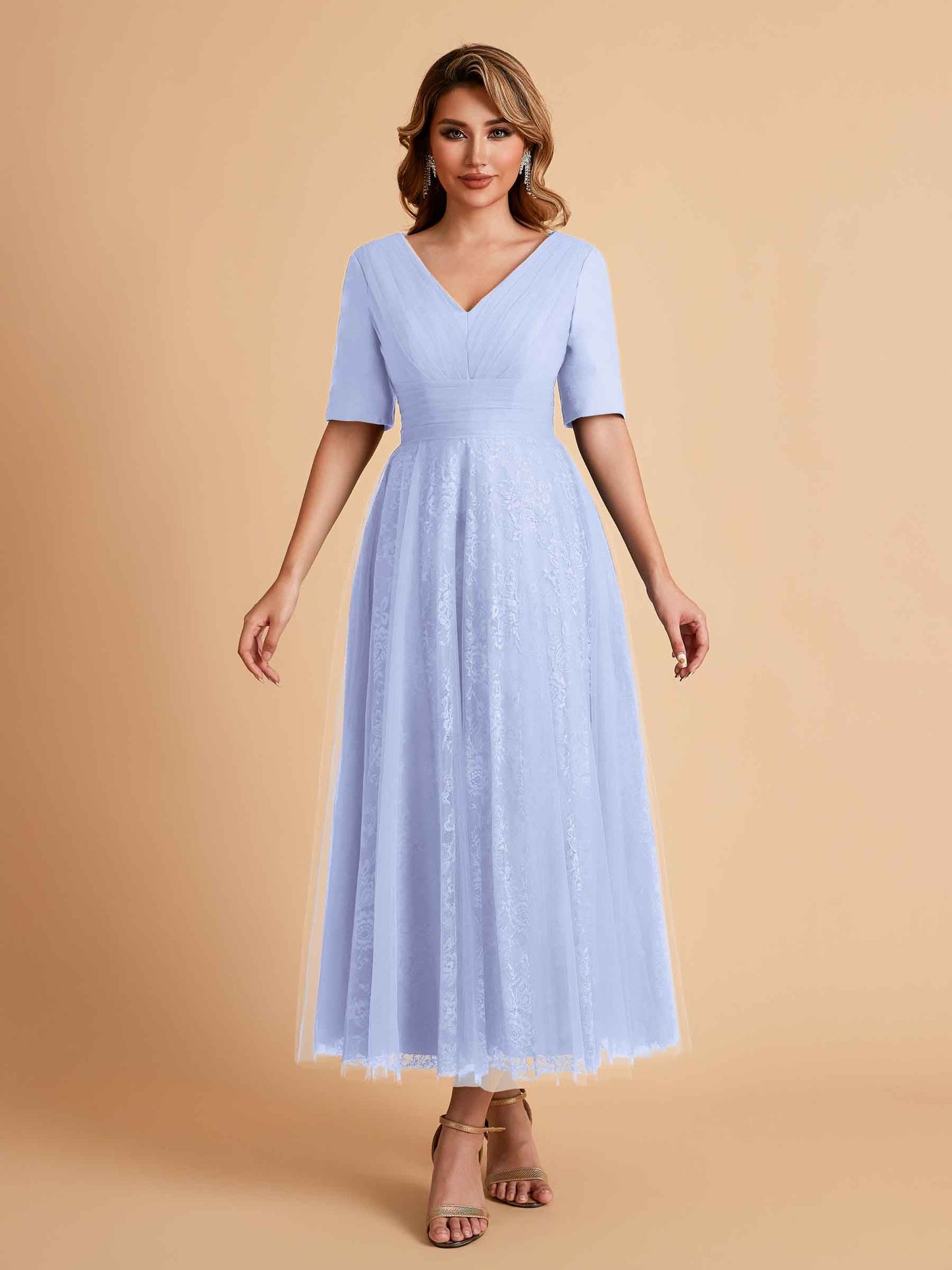 Elegant A-line Half Sleeves V-neck Mother of the Brides Dresses Online