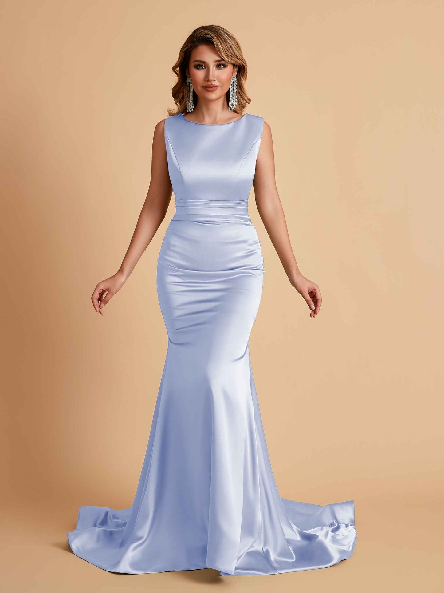 Elegant Satin Sleeveless Pleats Mermaid Bridesmaid Dresses Floor Length
