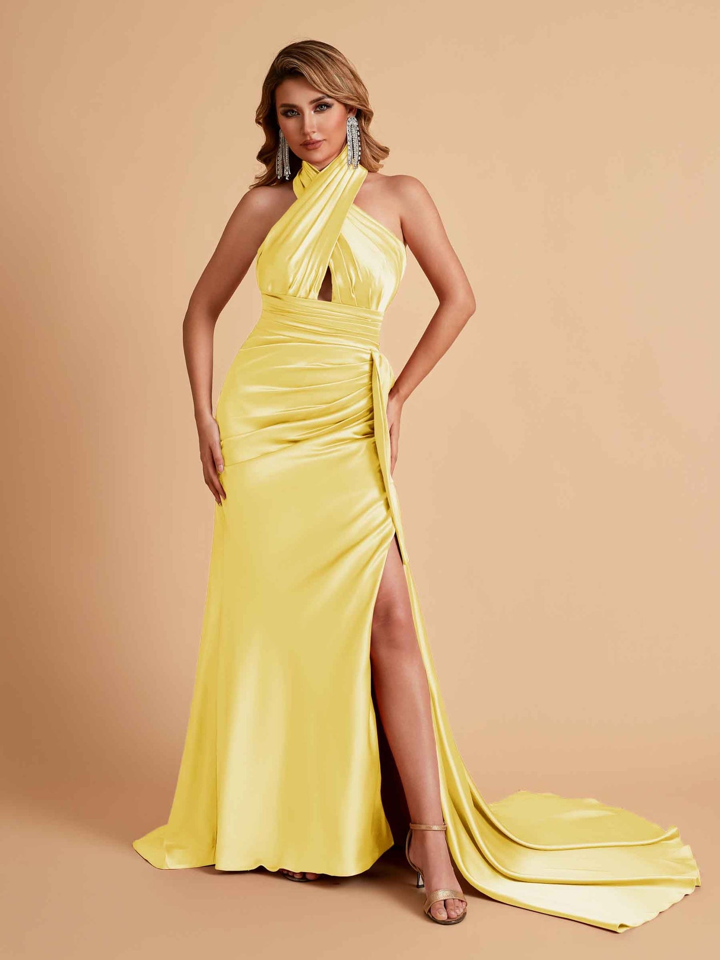Elegant Satin Halter Pleats Side Slit Mermaid Bridesmaid Dresses Floor-Length