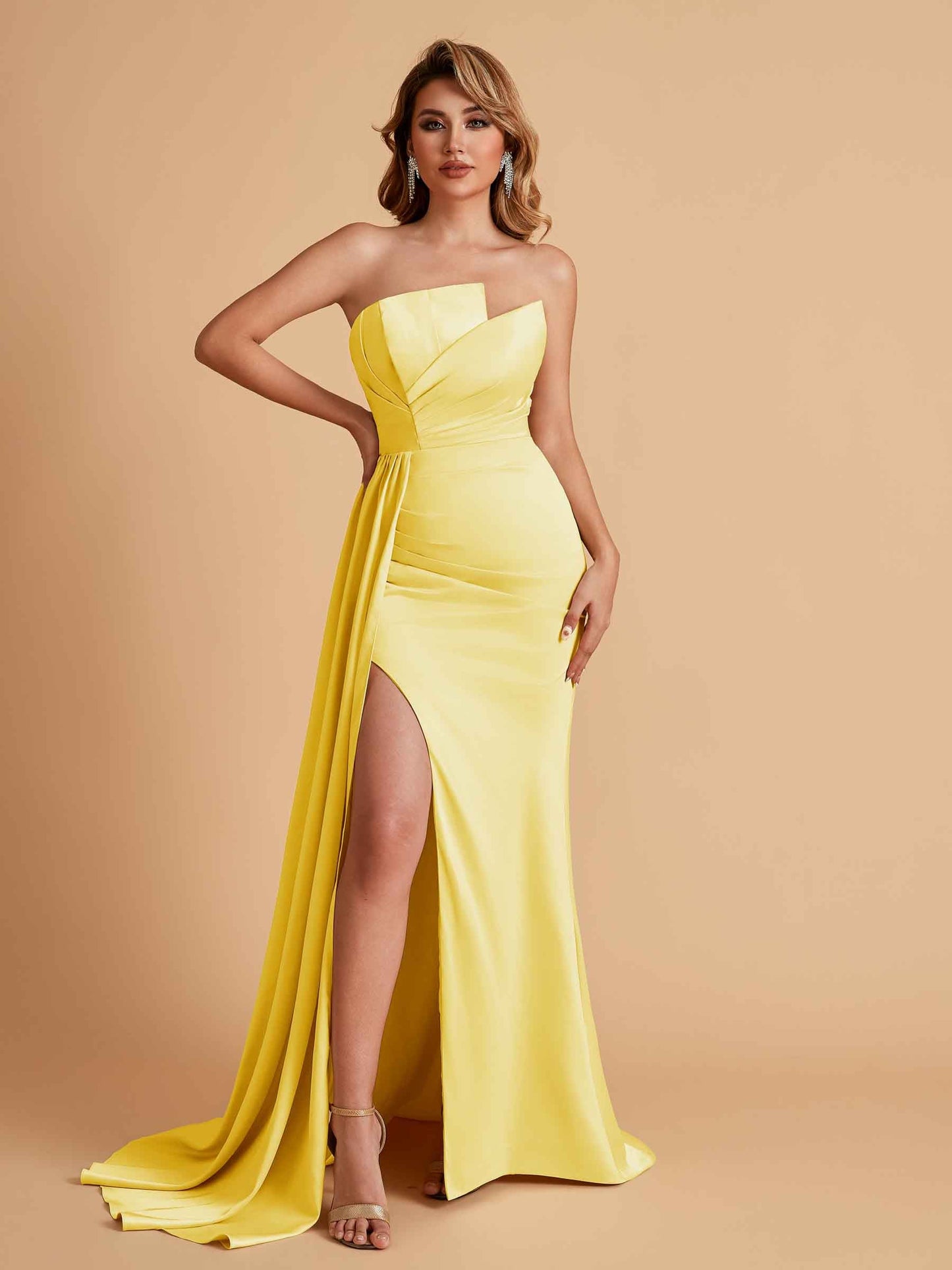 Elegant Satin Sleeveless Asymmetrical Mermaid Side Slit Floor Length Bridesmaid Dresses