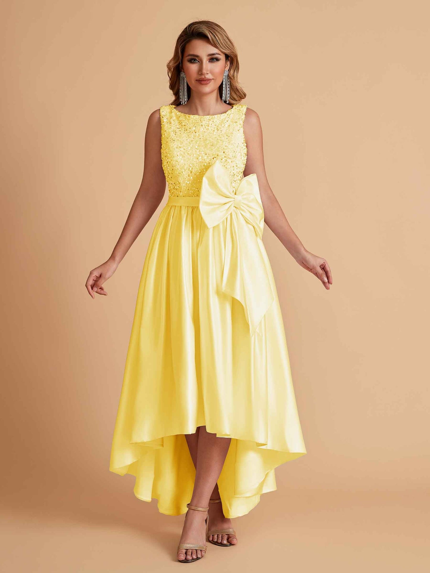 Sparkly Satin Sleeveless Pleats A-line Bridesmaid Dresses High-Low