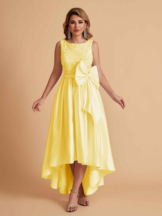 Sparkly Satin Sleeveless Pleats A-line Bridesmaid Dresses High-Low
