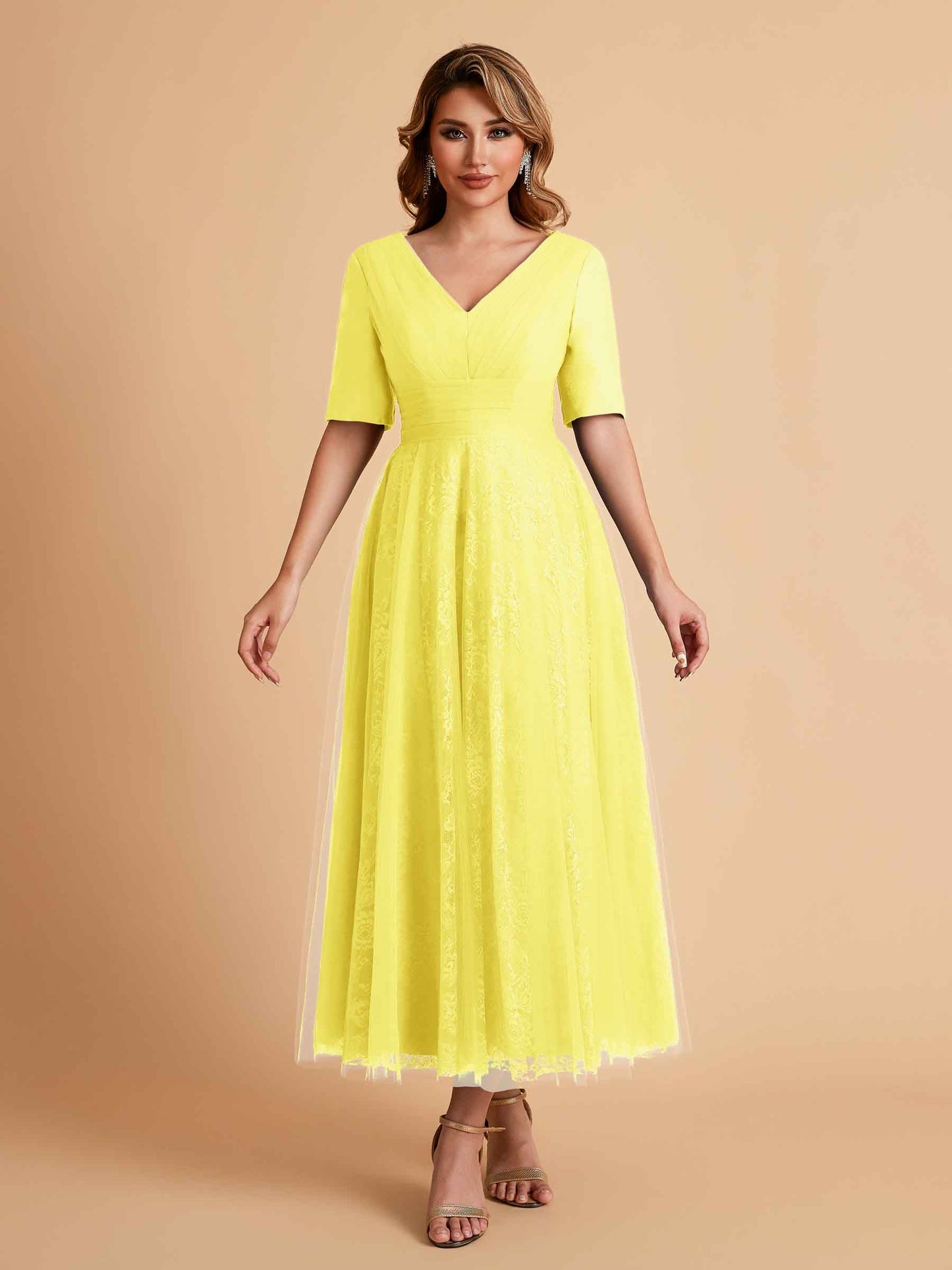 Elegant A-line Half Sleeves V-neck Mother of the Brides Dresses Online