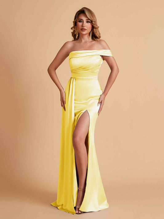 Sexy Satin One-Shoulder Side Slit Floor Length Mermaid Bridesmaid Dresses