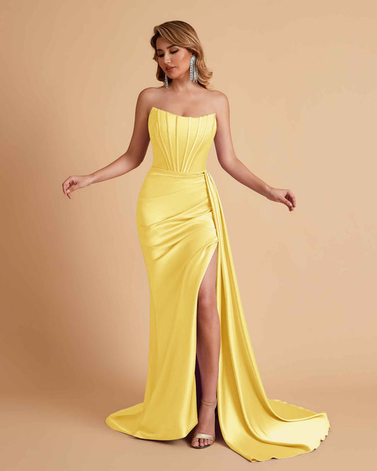 Sexy Satin Sleeveless Pleats Mermaid Bridesmaid Dresses Side Slit Floor Length