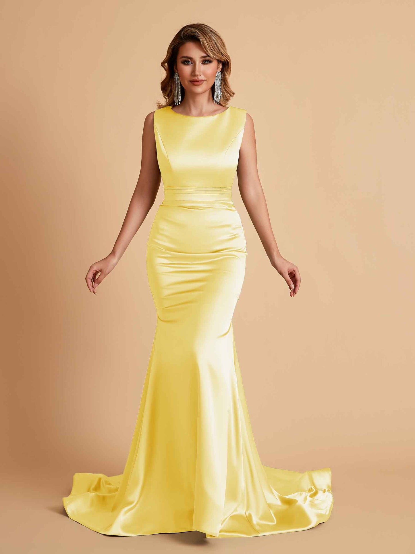 Elegant Satin Sleeveless Pleats Mermaid Bridesmaid Dresses Floor Length