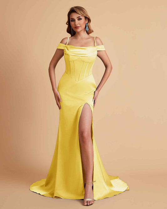 Sexy Satin Spaghetti Straps Off-Shoulder Side Slit Floor Length Mermaid Bridesmaid Dresses