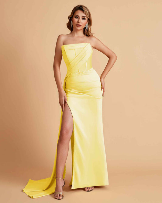 Elegant Satin Straight Neck Mermaid Side Slit Floor Length Bridesmaid Dresses