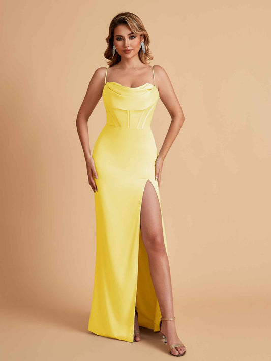 Elegant Satin Spaghetti Straps Mermaid Side Slit Floor Length Bridesmaid Dresses