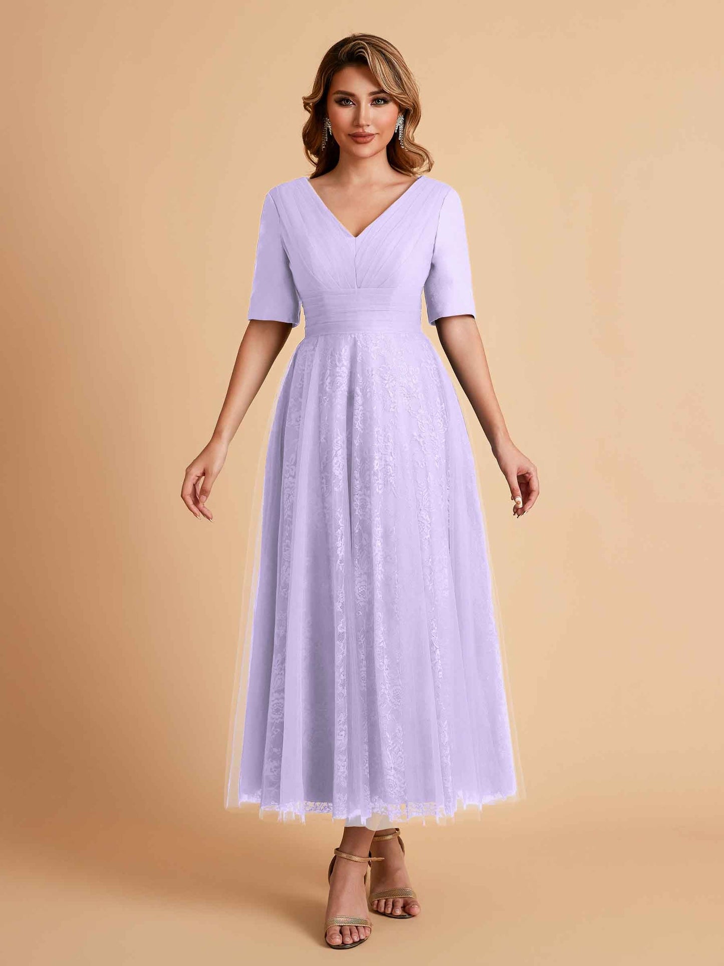 Elegant A-line Half Sleeves V-neck Mother of the Brides Dresses Online