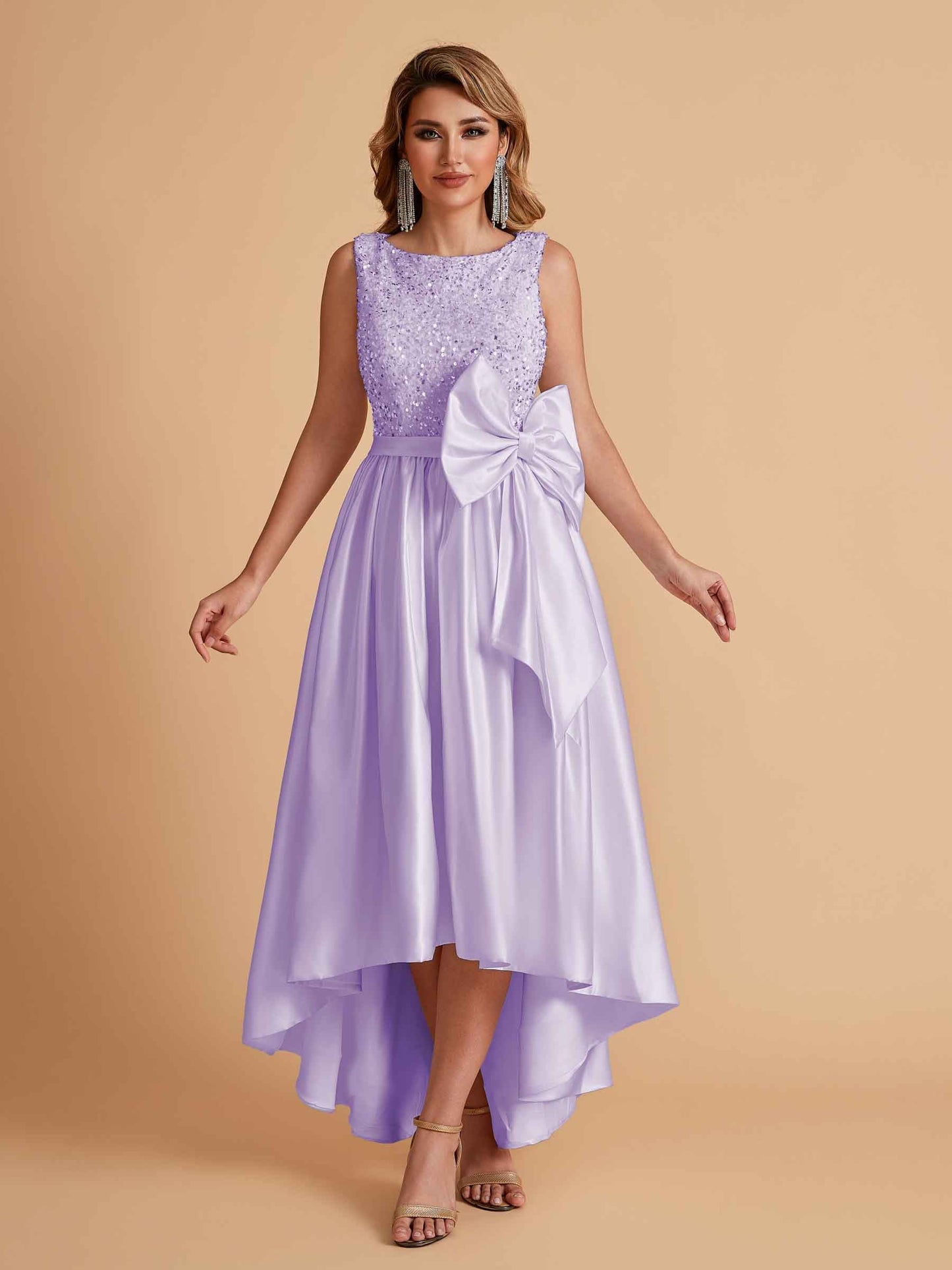 Sparkly Satin Sleeveless Pleats A-line Bridesmaid Dresses High-Low