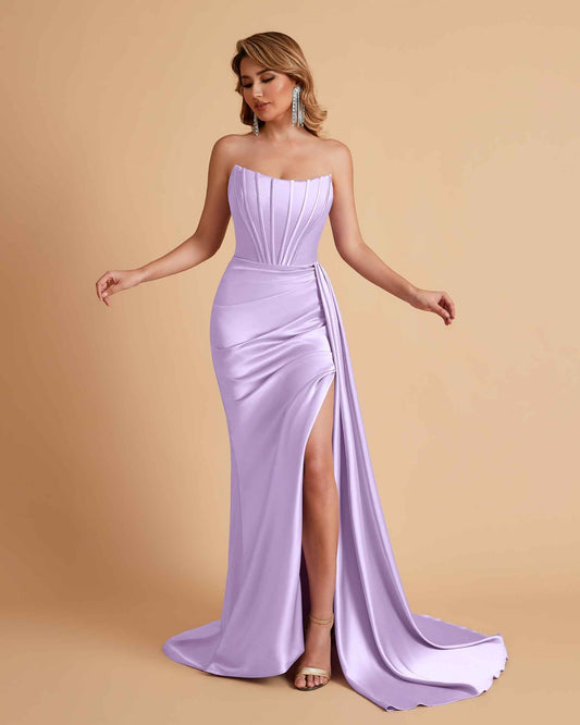 Sexy Satin Sleeveless Pleats Mermaid Bridesmaid Dresses Side Slit Floor Length