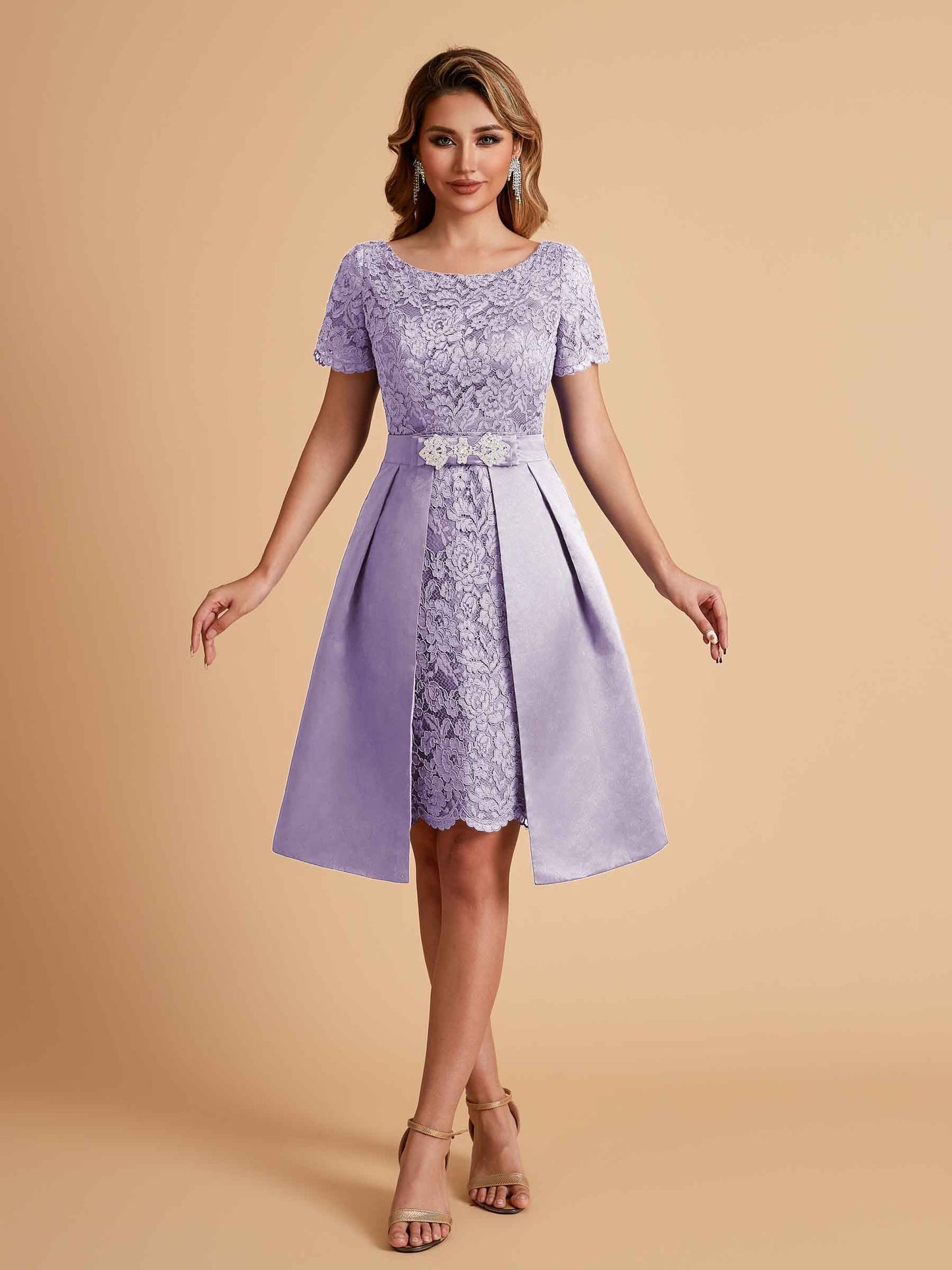 Elegant A-line Short Sleeves Jewel Knee Length Mother of the Brides Dresses
