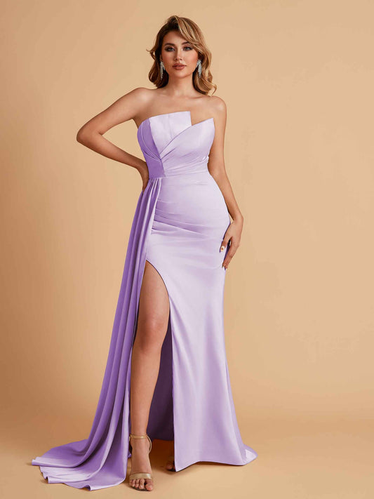 Elegant Satin Sleeveless Asymmetrical Mermaid Side Slit Floor Length Bridesmaid Dresses
