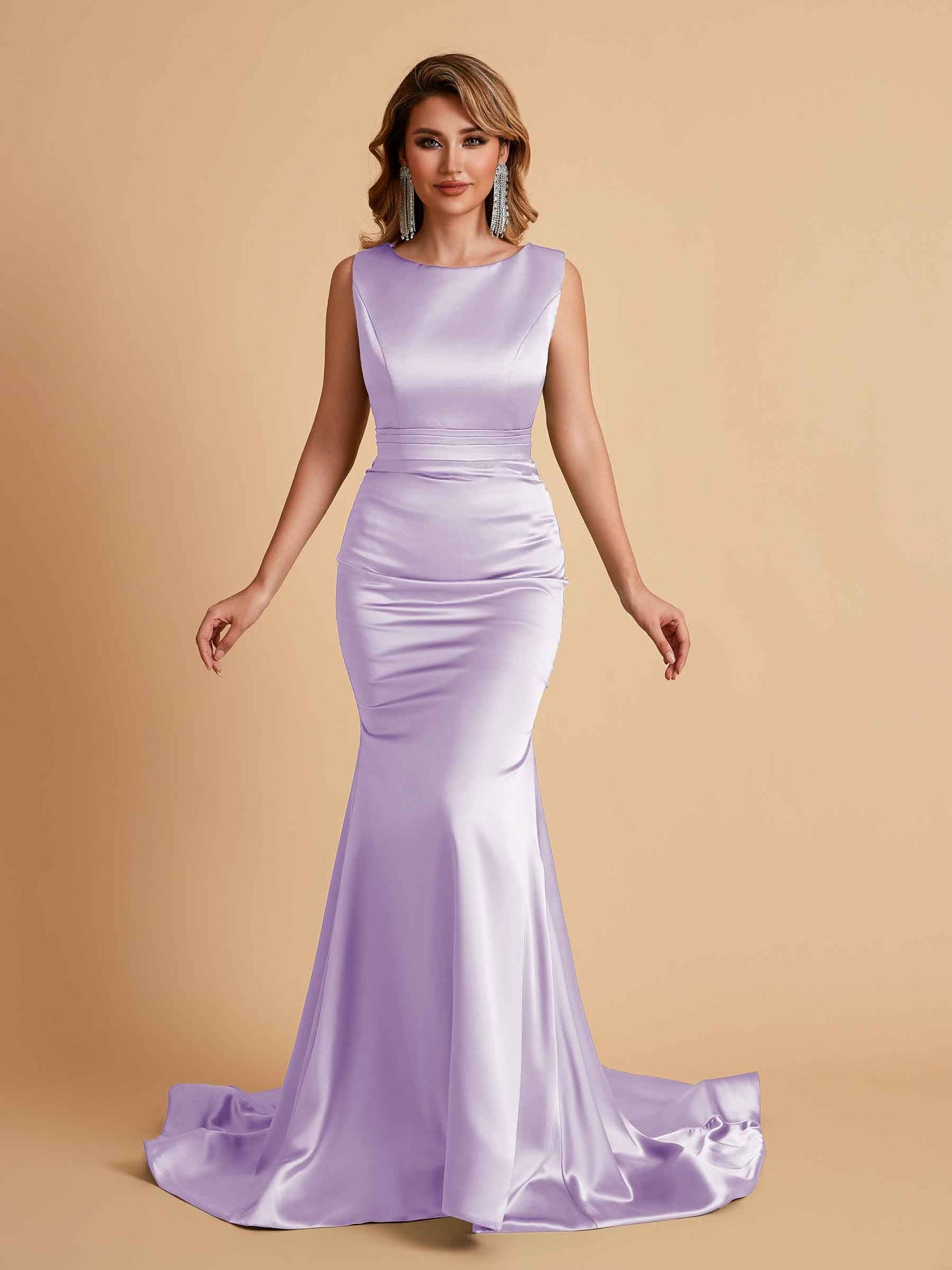 Elegant Satin Sleeveless Pleats Mermaid Bridesmaid Dresses Floor Length