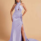 Elegant Satin Halter Pleats Side Slit Mermaid Bridesmaid Dresses Floor-Length