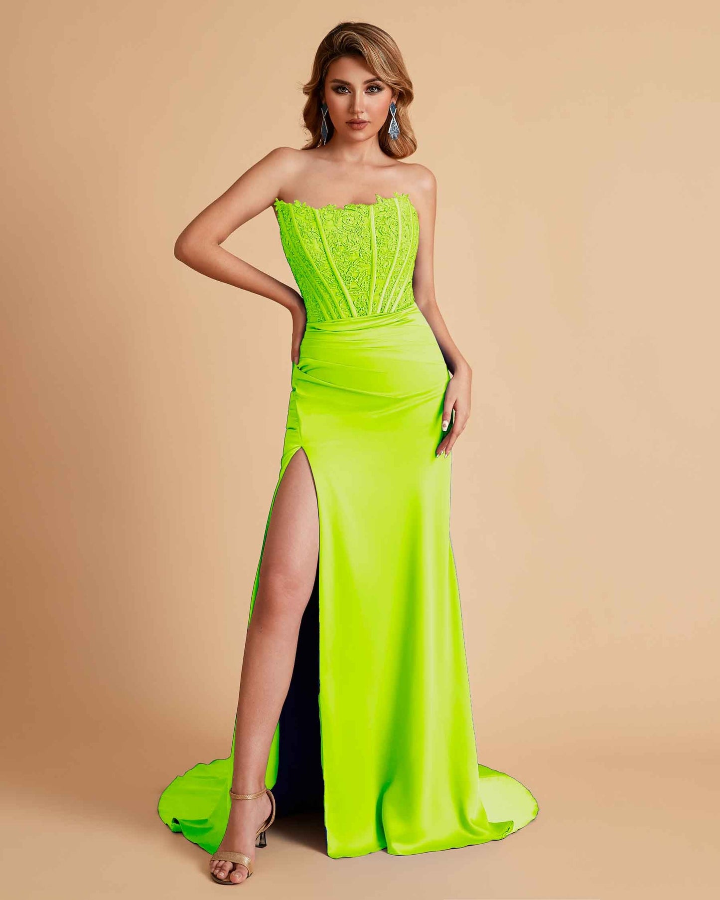 Sexy Satin Strapless Side Slit Floor Length Lace Mermaid Bridesmaid Dresses
