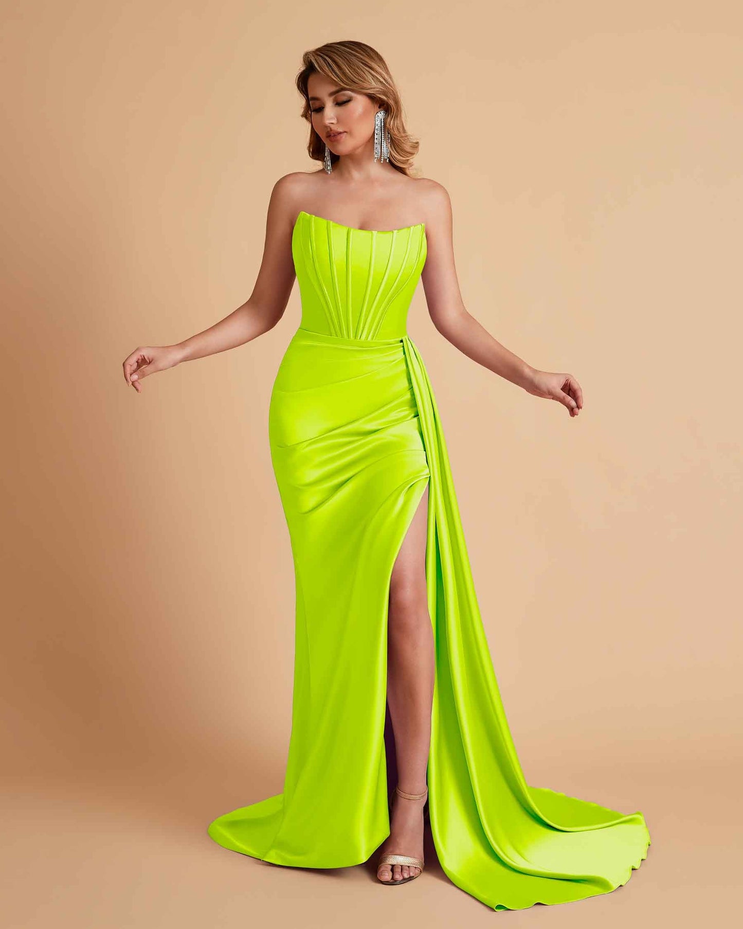 Sexy Satin Sleeveless Pleats Mermaid Bridesmaid Dresses Side Slit Floor Length