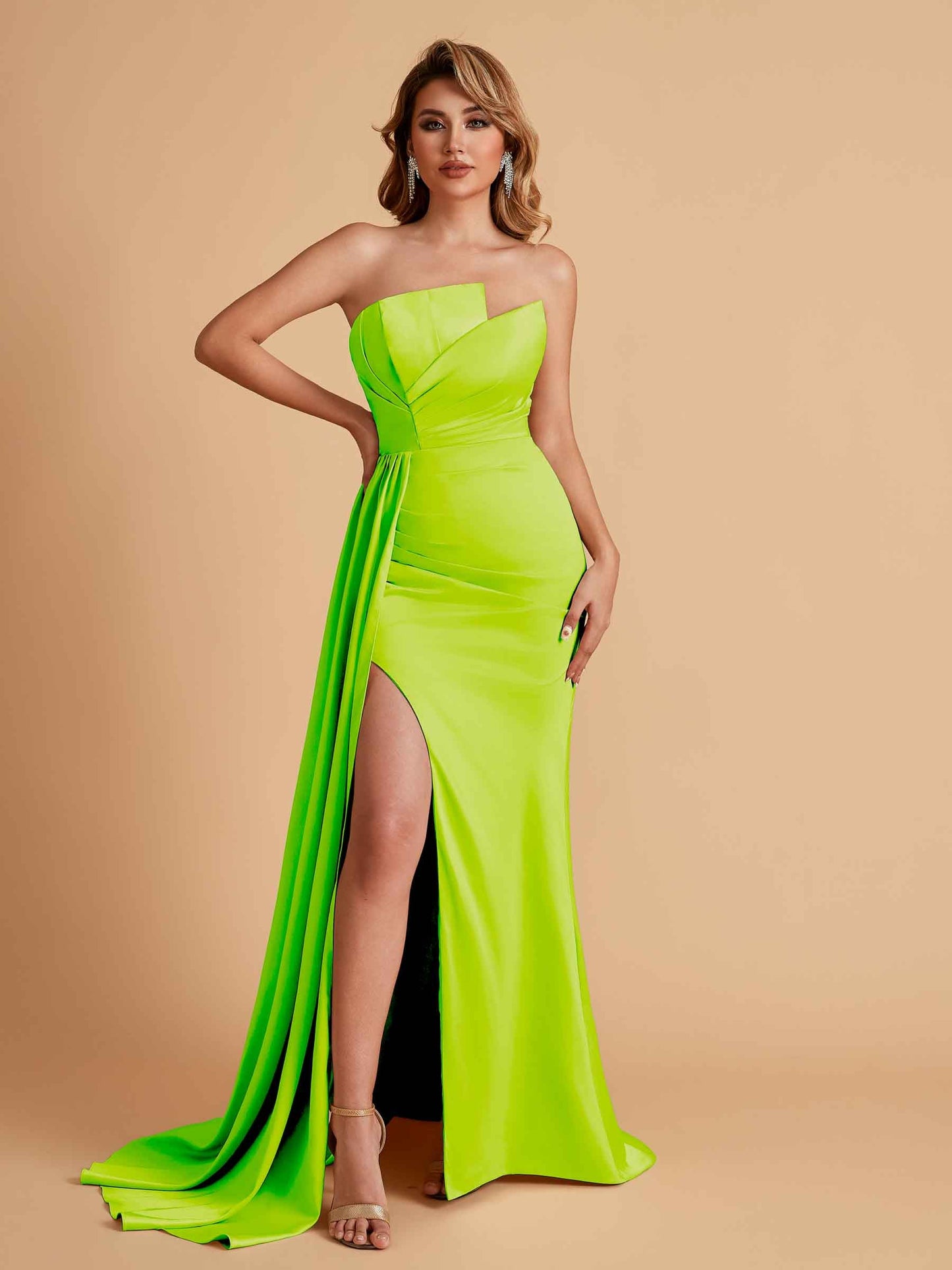 Elegant Satin Sleeveless Asymmetrical Mermaid Side Slit Floor Length Bridesmaid Dresses