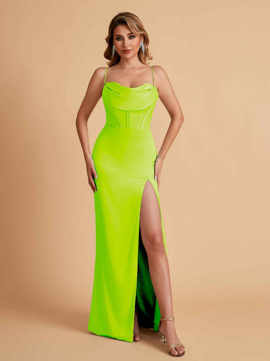 Elegant Satin Spaghetti Straps Mermaid Side Slit Floor Length Bridesmaid Dresses