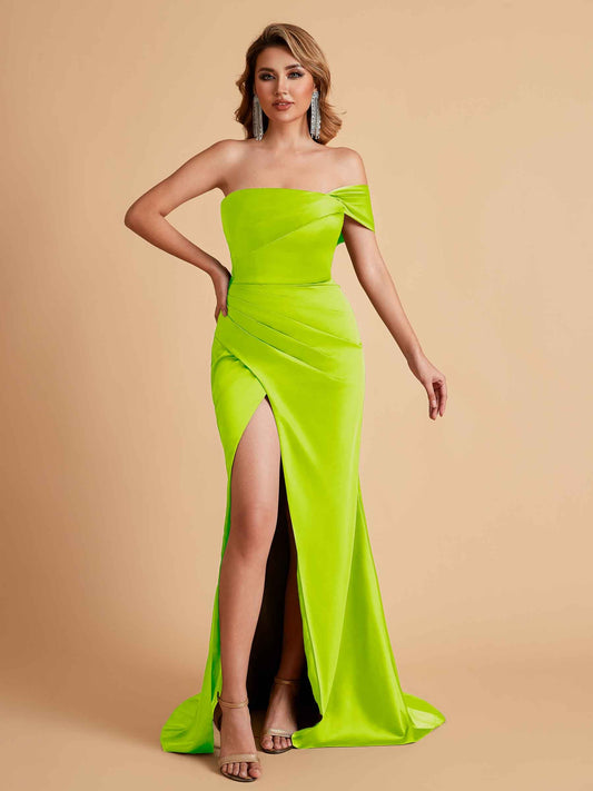 Sexy Satin One Shoulder Pleats Mermaid Bridesmaid Dresses Side Slit Floor Length