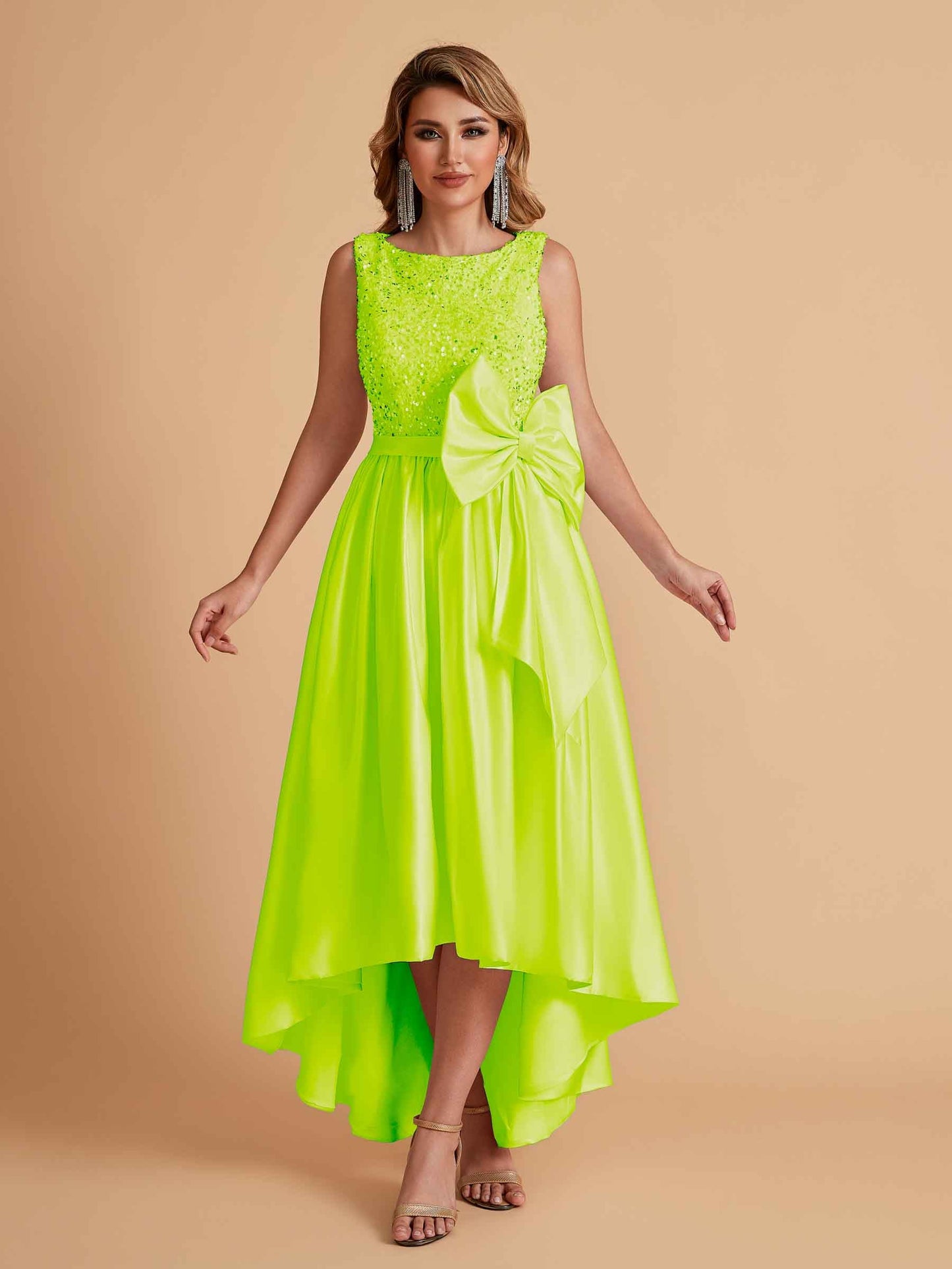 Sparkly Satin Sleeveless Pleats A-line Bridesmaid Dresses High-Low