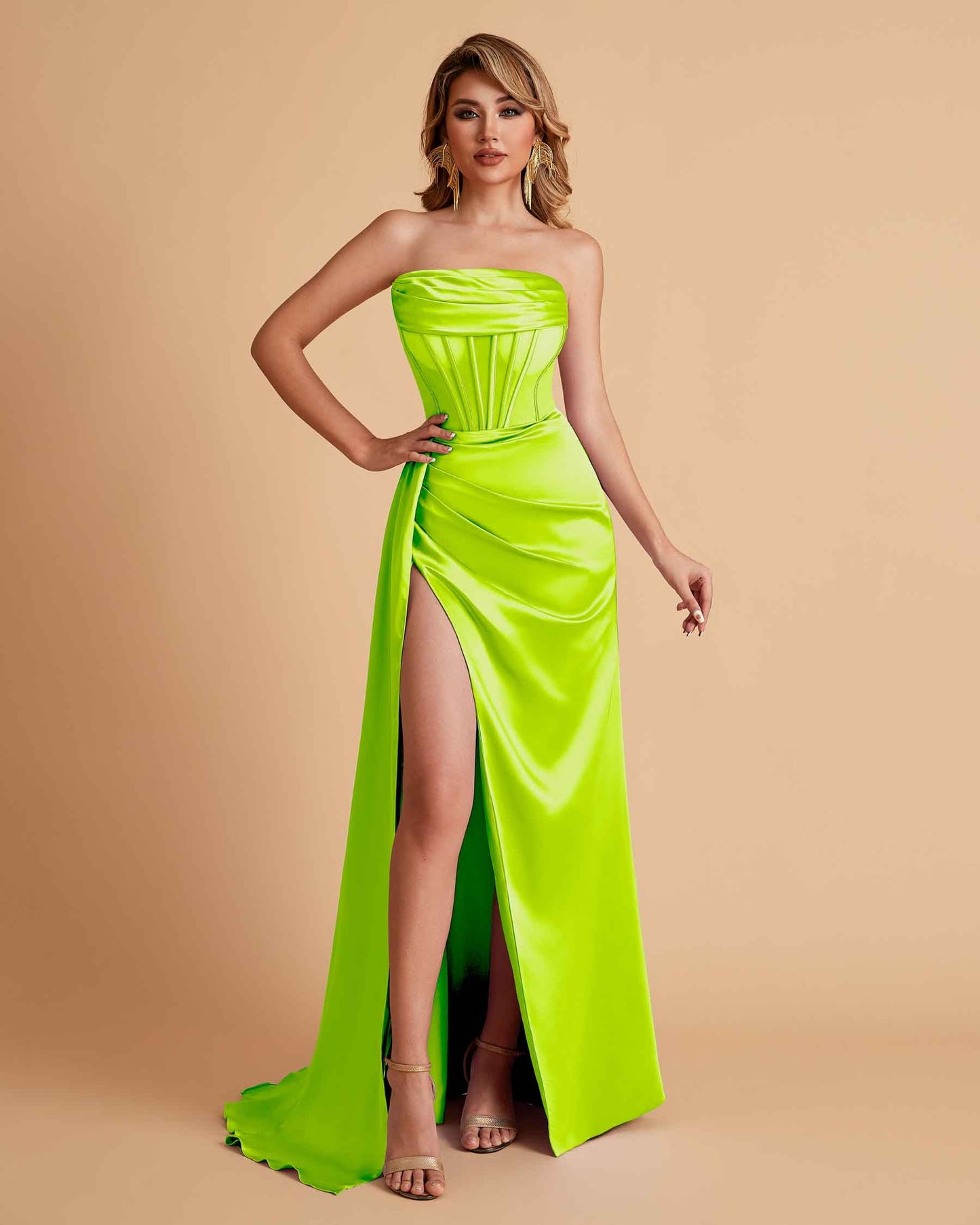 Sexy Satin Strapless Pleats Mermaid Bridesmaid Dresses Side Slit Floor Length