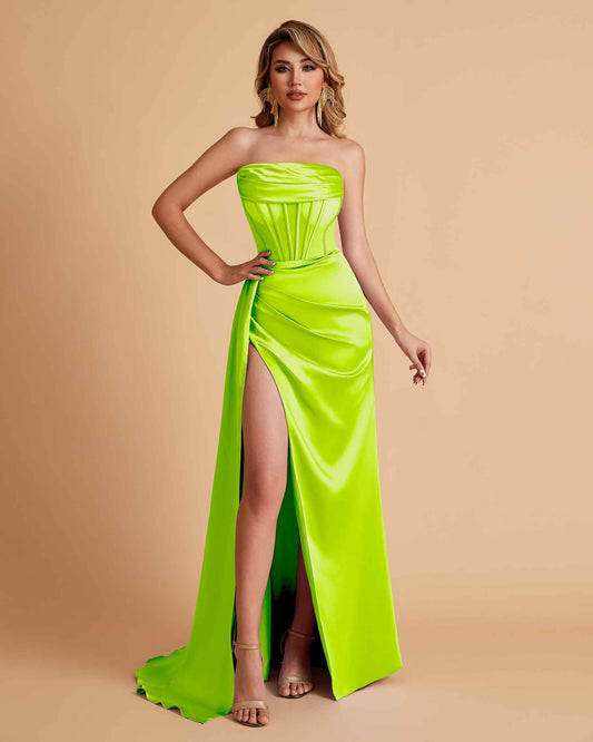 Sexy Satin Strapless Pleats Mermaid Bridesmaid Dresses Side Slit Floor Length