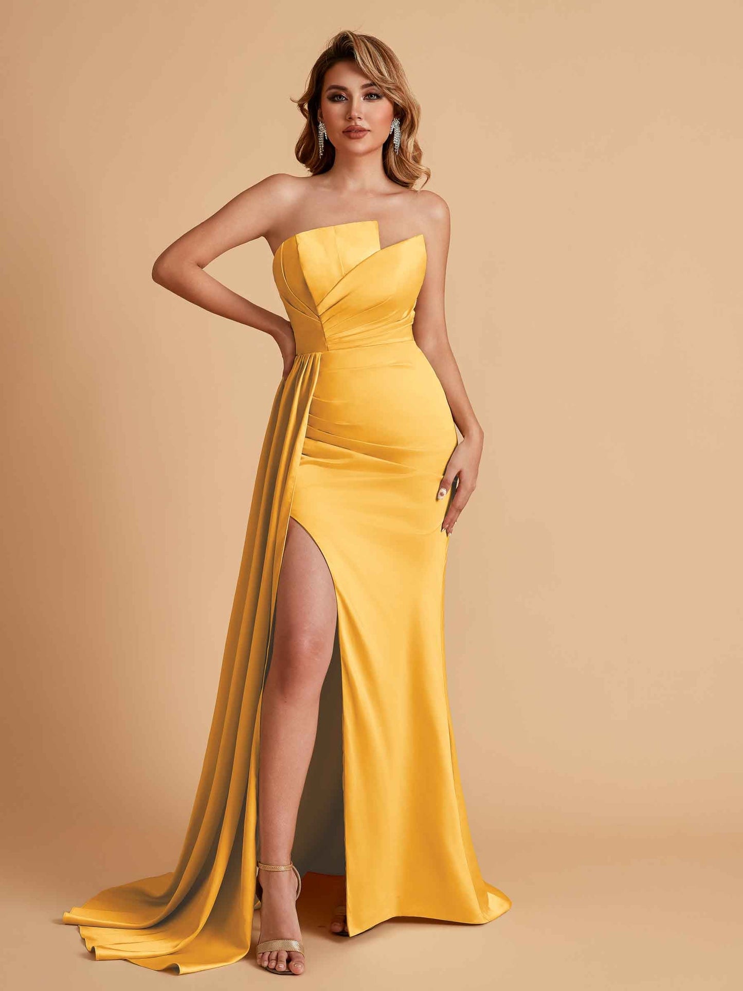 Elegant Satin Sleeveless Asymmetrical Mermaid Side Slit Floor Length Bridesmaid Dresses