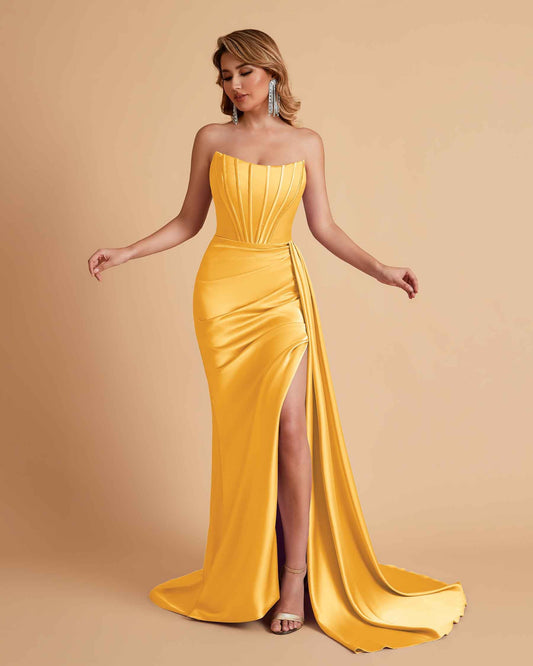 Sexy Satin Sleeveless Pleats Mermaid Bridesmaid Dresses Side Slit Floor Length