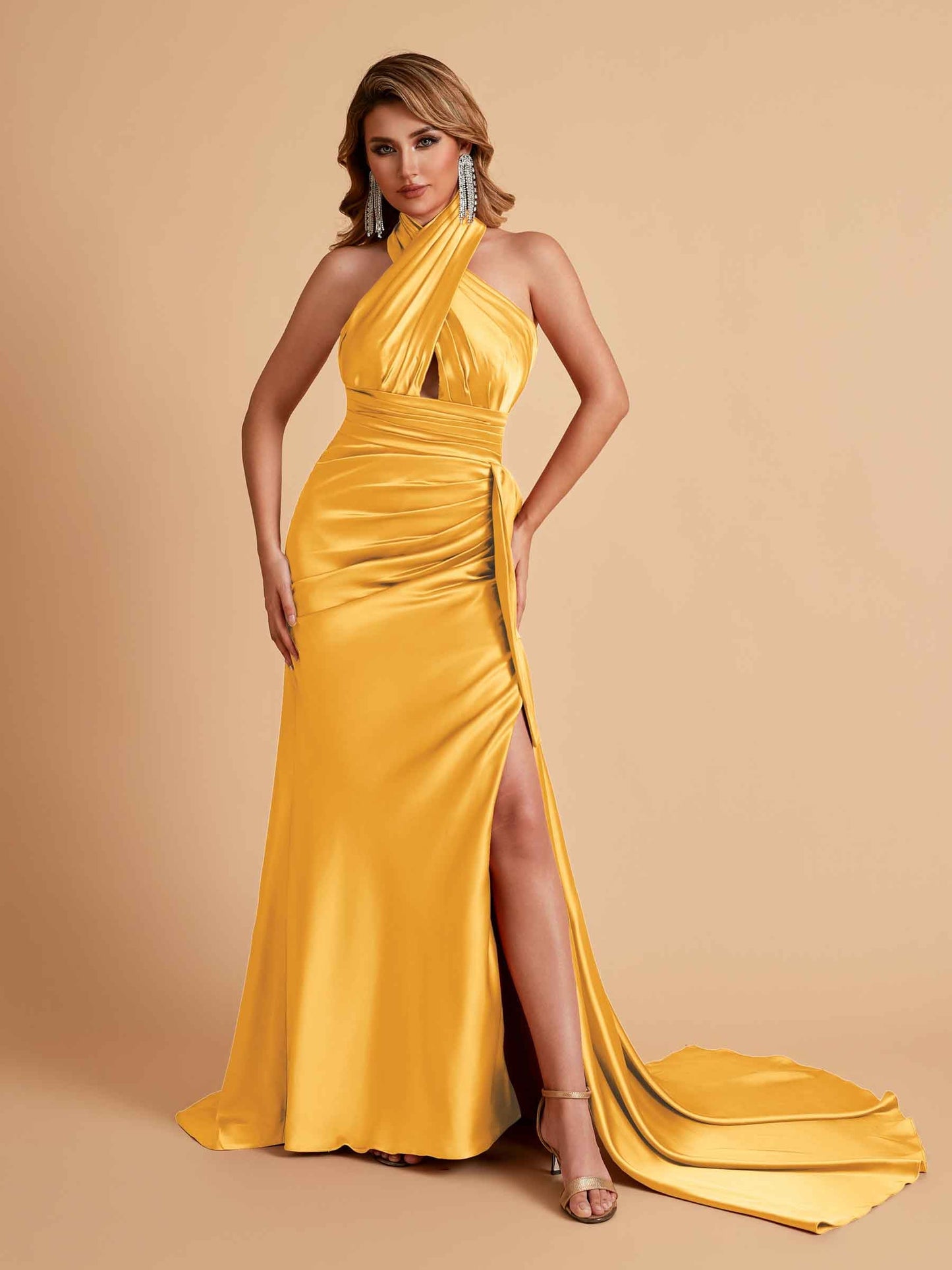 Elegant Satin Halter Pleats Side Slit Mermaid Bridesmaid Dresses Floor-Length