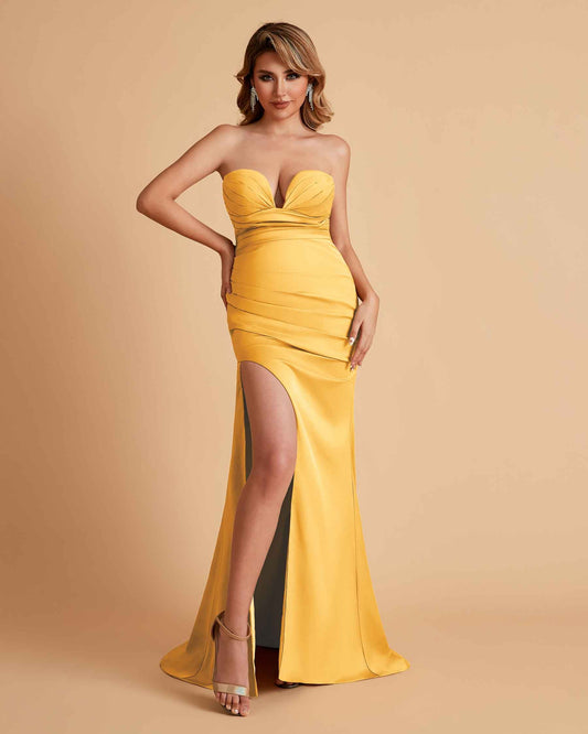 Elegant Satin Sweetheart Mermaid Side Slit Floor Length Bridesmaid Dresses