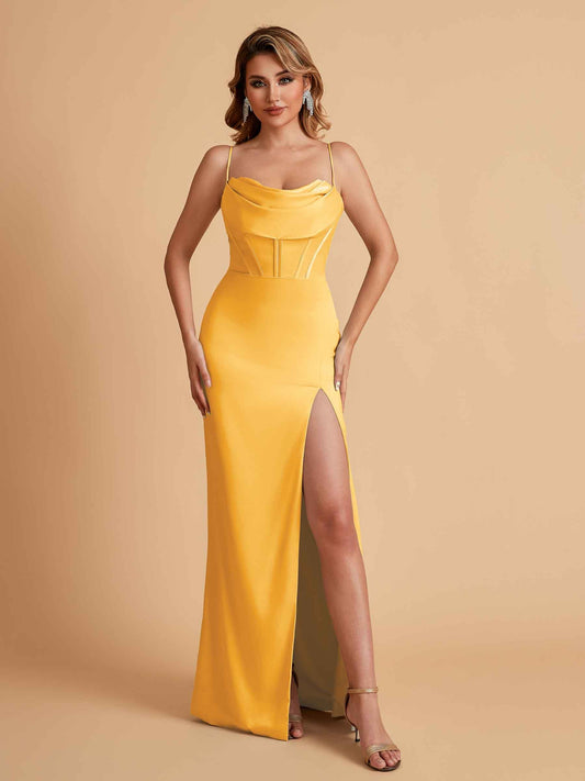Elegant Satin Spaghetti Straps Mermaid Side Slit Floor Length Bridesmaid Dresses