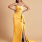 Sexy Satin Side Slit Strapless Pleats Floor Length Mermaid Bridesmaid Dresses