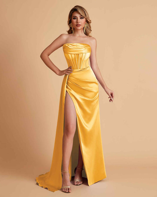 Sexy Satin Strapless Pleats Mermaid Bridesmaid Dresses Side Slit Floor Length